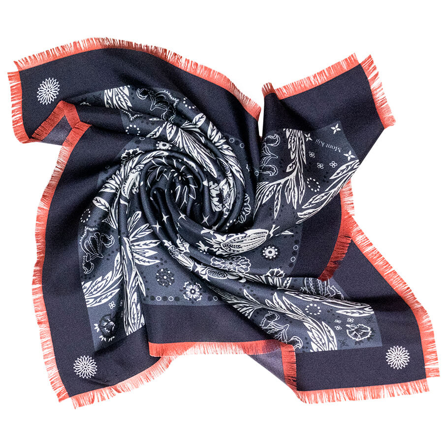 bandana motif printed blue silk scarf with red fringes