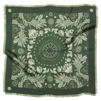 bandana motif printed green silk scarf with fringes