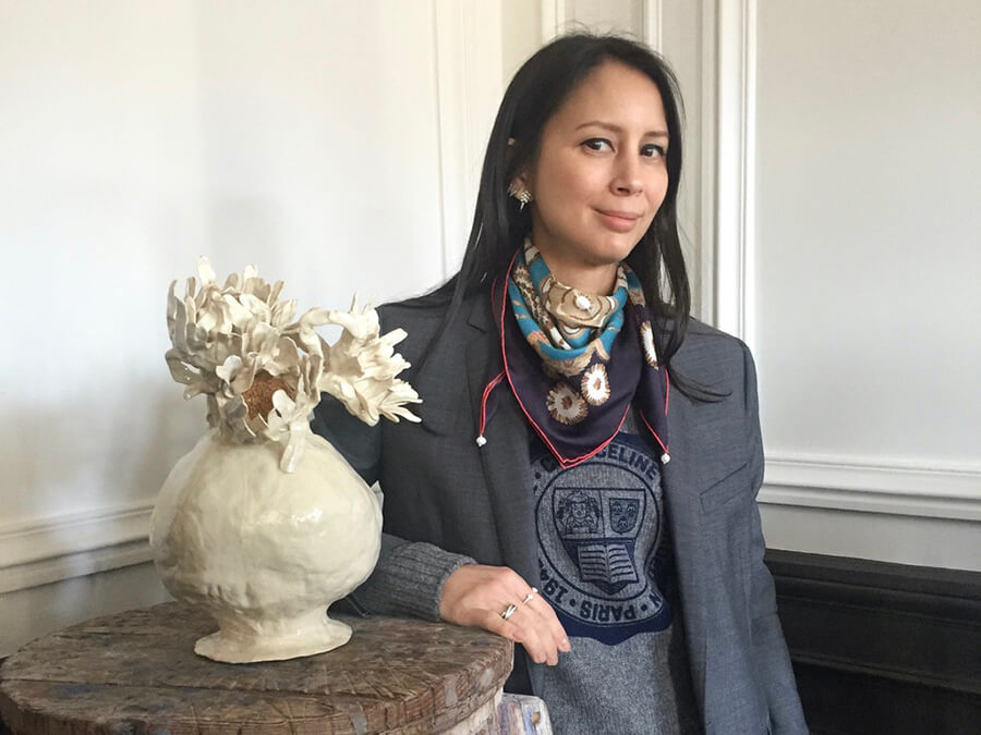 seashell printed blue silk scarf with pears on a woman