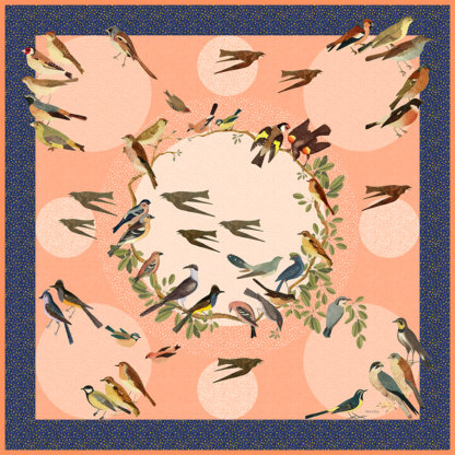 birds, moons and stars printed peach and blue silk scarf