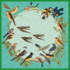 birds sitting around the branch printed green silk scarf