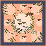 birds, moons and stars printed peach and blue silk scarf