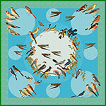 birds, moons and stars printed blue and green silk scarf