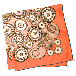 seashell printed peach and orange color silk scarf with pearls
