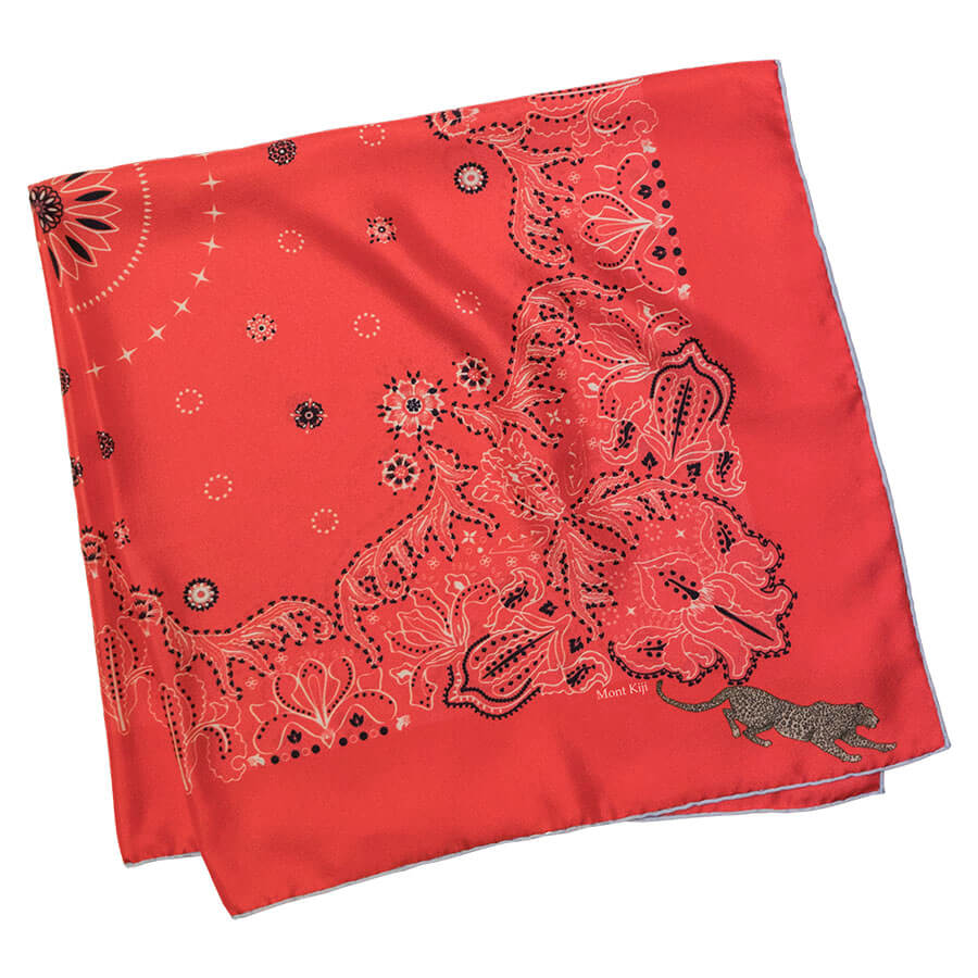 Silk's scarf made in France rectangular Red hand-drawn with spectacular mountains's landscape where men are sleeping