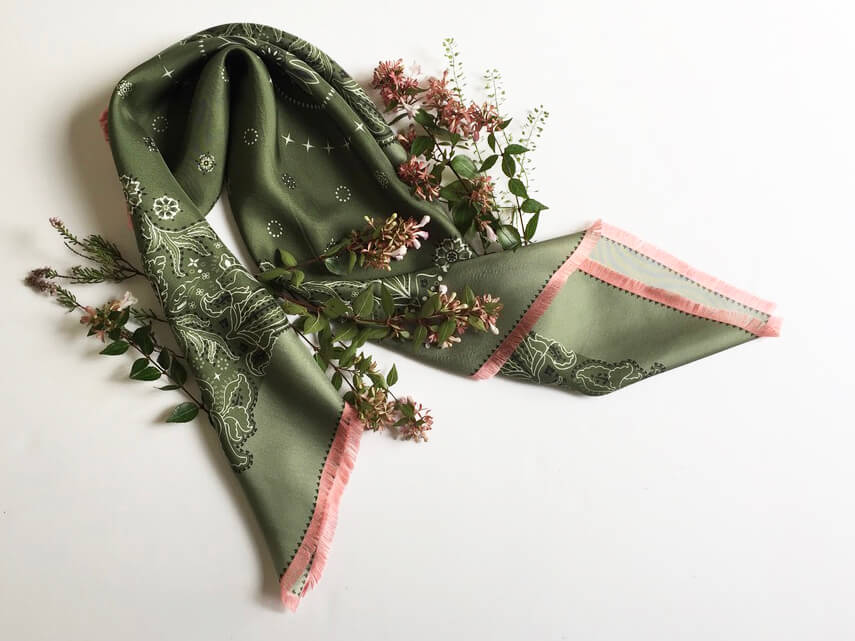 khaki silk scarf with pink fringes with flowers