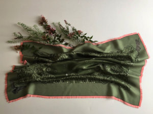khaki silk scarf with pink fringes with flowers