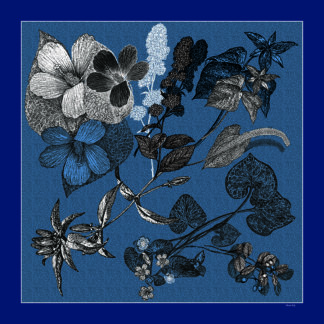 black and white flower printed blue cotton and silk scarf