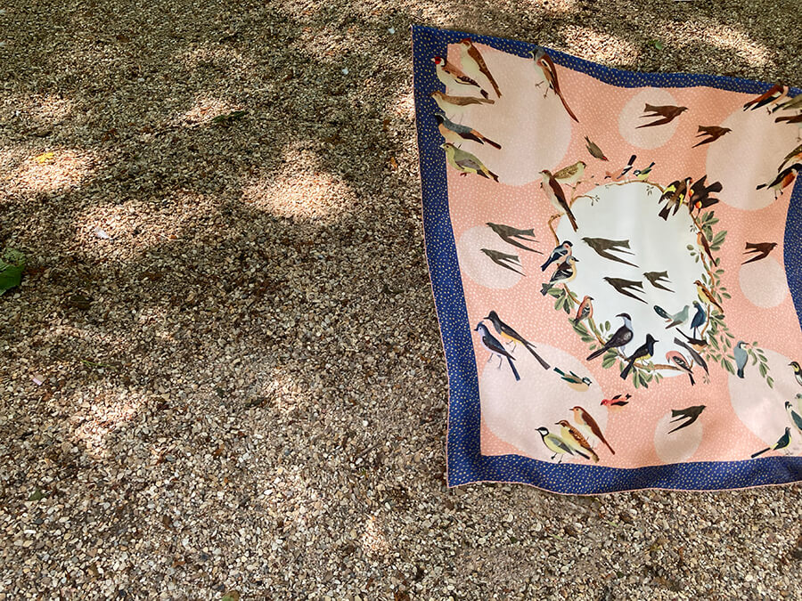 bird and star printed blue and peach silk scarf