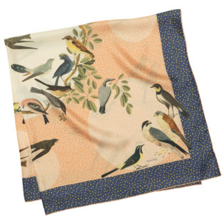 bird and star printed peach and blue silk scarf