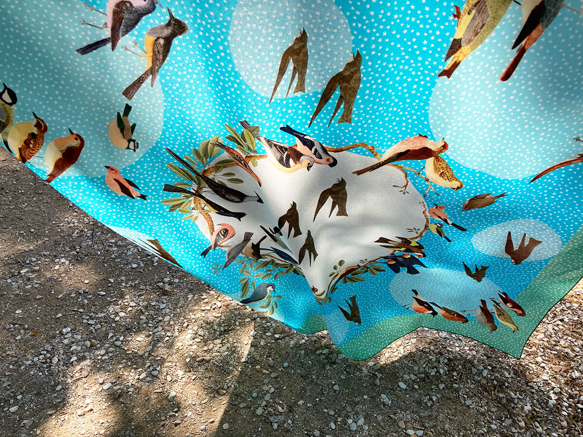 birds and stars printed light blue silk scarf