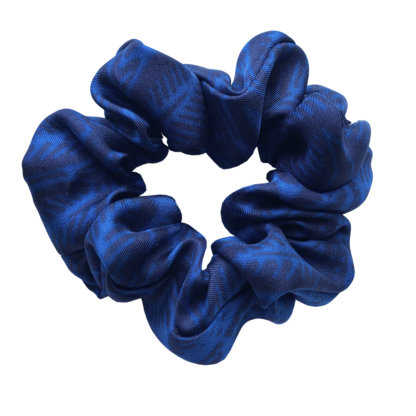 leaf printed blue and navy silk hair scrunchy