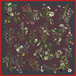 floral printed dark navy silk scar with red fringe finishing
