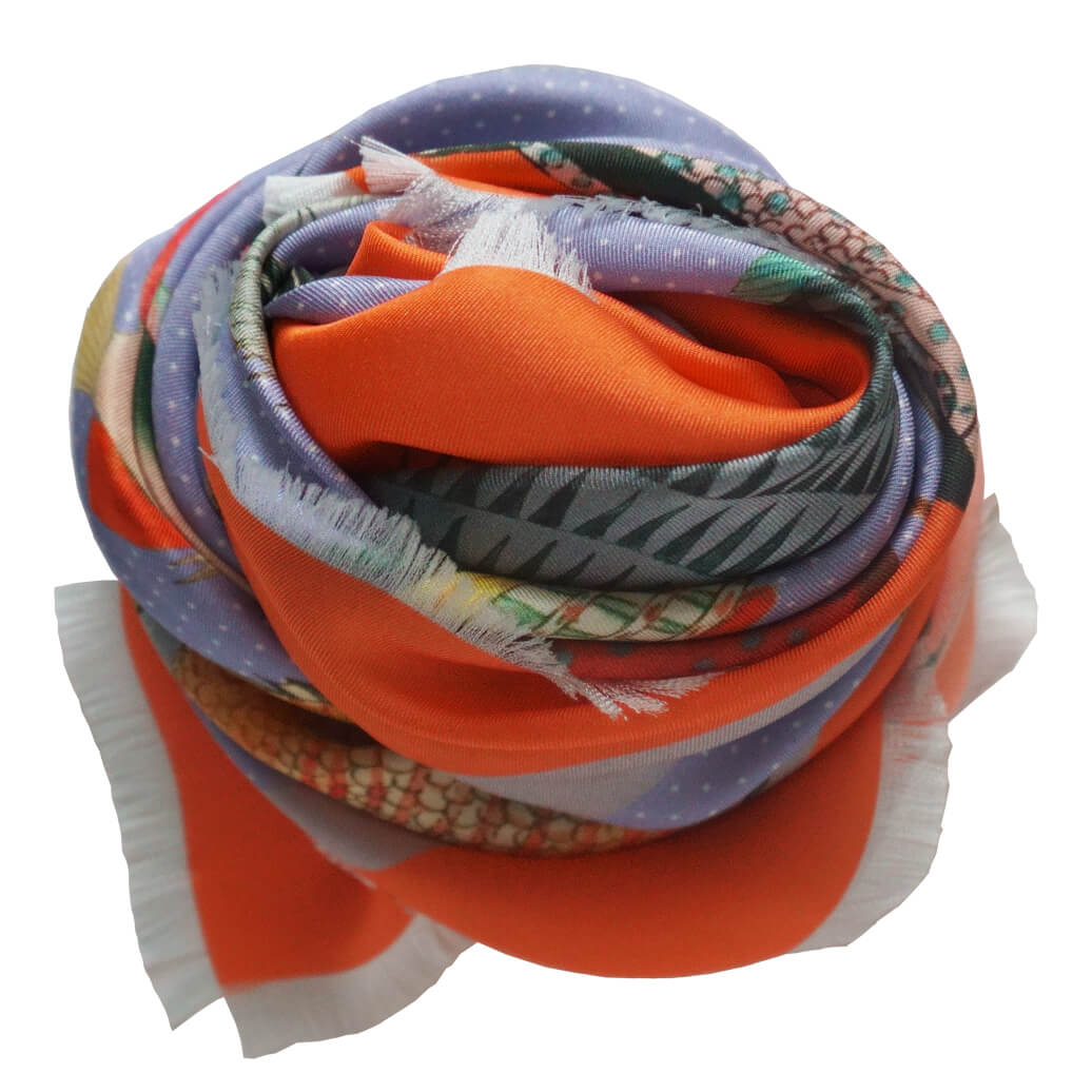 fish printed lavender color scarf and orange boarder with hand fringe finished edge