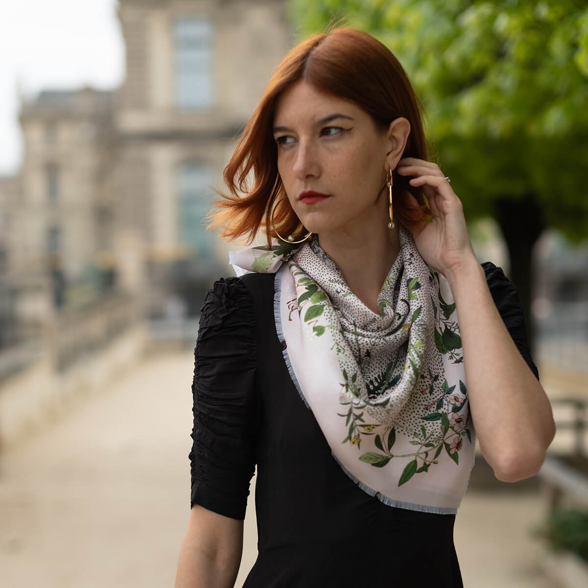 thousand flower printed pale pink large scarf with red fringe finishing