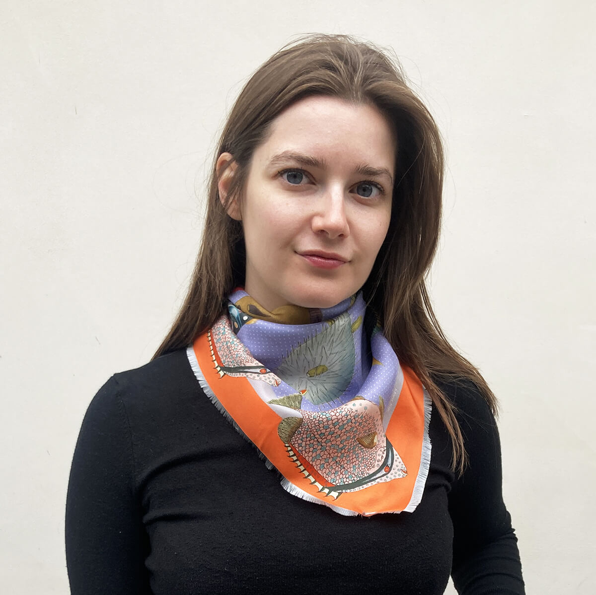 fish printed lavender and orange silk scarf with fringe finishing